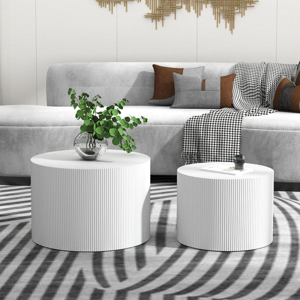 Otterease Round Coffee Table Set of 2, Modern Wooden White Nesting Tables for Living Room, No Assembly Required Circle Side Tables Set Accent End Table for Bedroom, Balcony