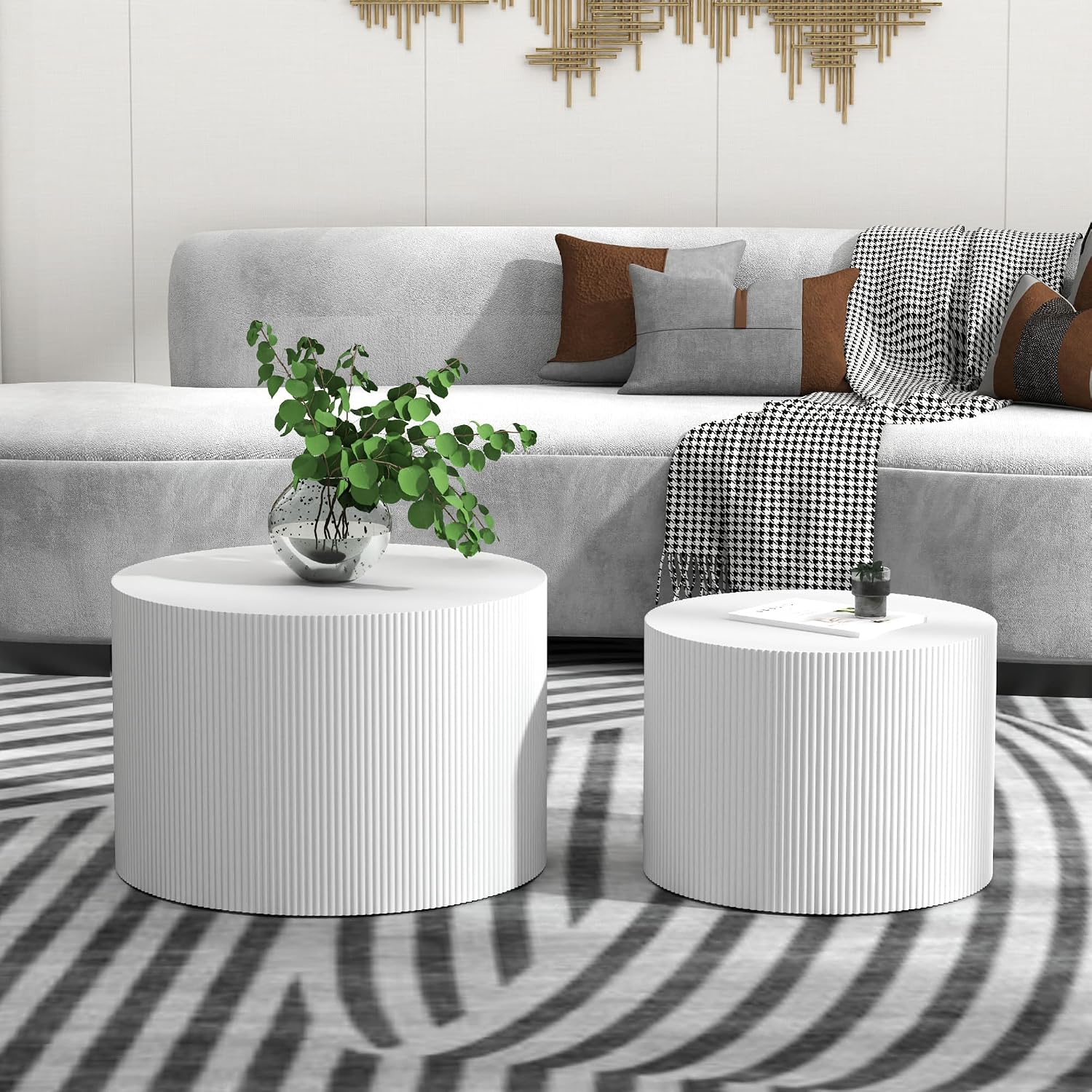 Otterease Round Coffee Table Set of 2, Modern Wooden White Nesting Tables for Living Room, No Assembly Required Circle Side Tables Set Accent End Table for Bedroom, Balcony