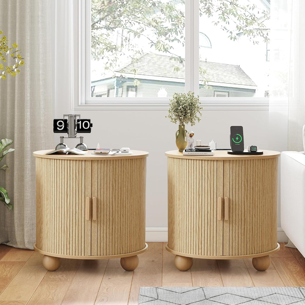 24' Fluted Round Nightstand Set of 2, Mid-Century Large Wooden End Table with Charging Station, Farmhouse Storage Side Table with Sliding Door for Bedroom Living Room (2XRound, Natural)