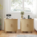 24' Fluted Round Nightstand Set of 2, Mid-Century Large Wooden End Table with Charging Station, Farmhouse Storage Side Table with Sliding Door for Bedroom Living Room (2XRound, Natural)