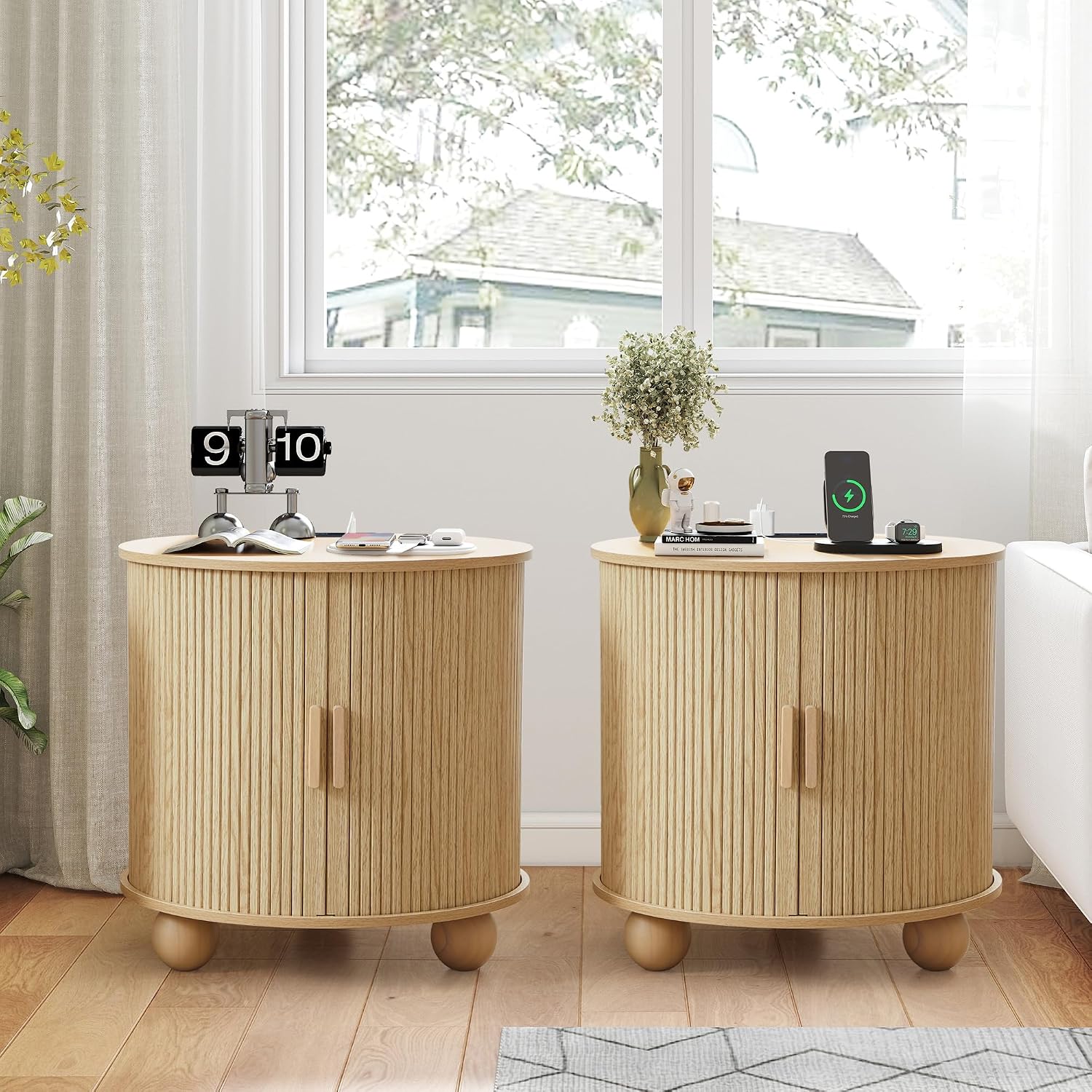 24' Fluted Round Nightstand Set of 2, Mid-Century Large Wooden End Table with Charging Station, Farmhouse Storage Side Table with Sliding Door for Bedroom Living Room (2XRound, Natural)