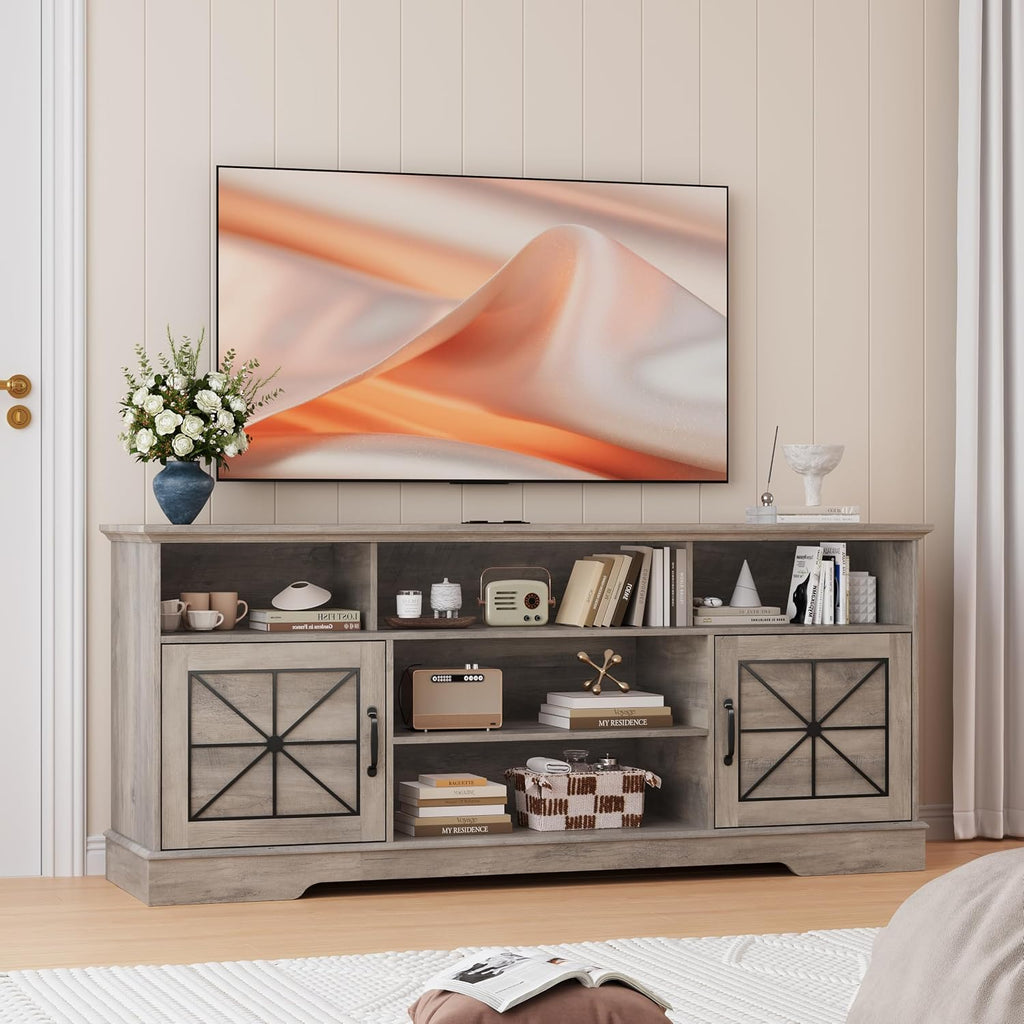Wodeer Grey TV Stand for TVs up to 65 Inches, 59'' Farmhouse Entertainment Center with Storage Cabinet, Adjustable Shelf and Power Outlet, LED TV Stands for Living Room, Bedroom