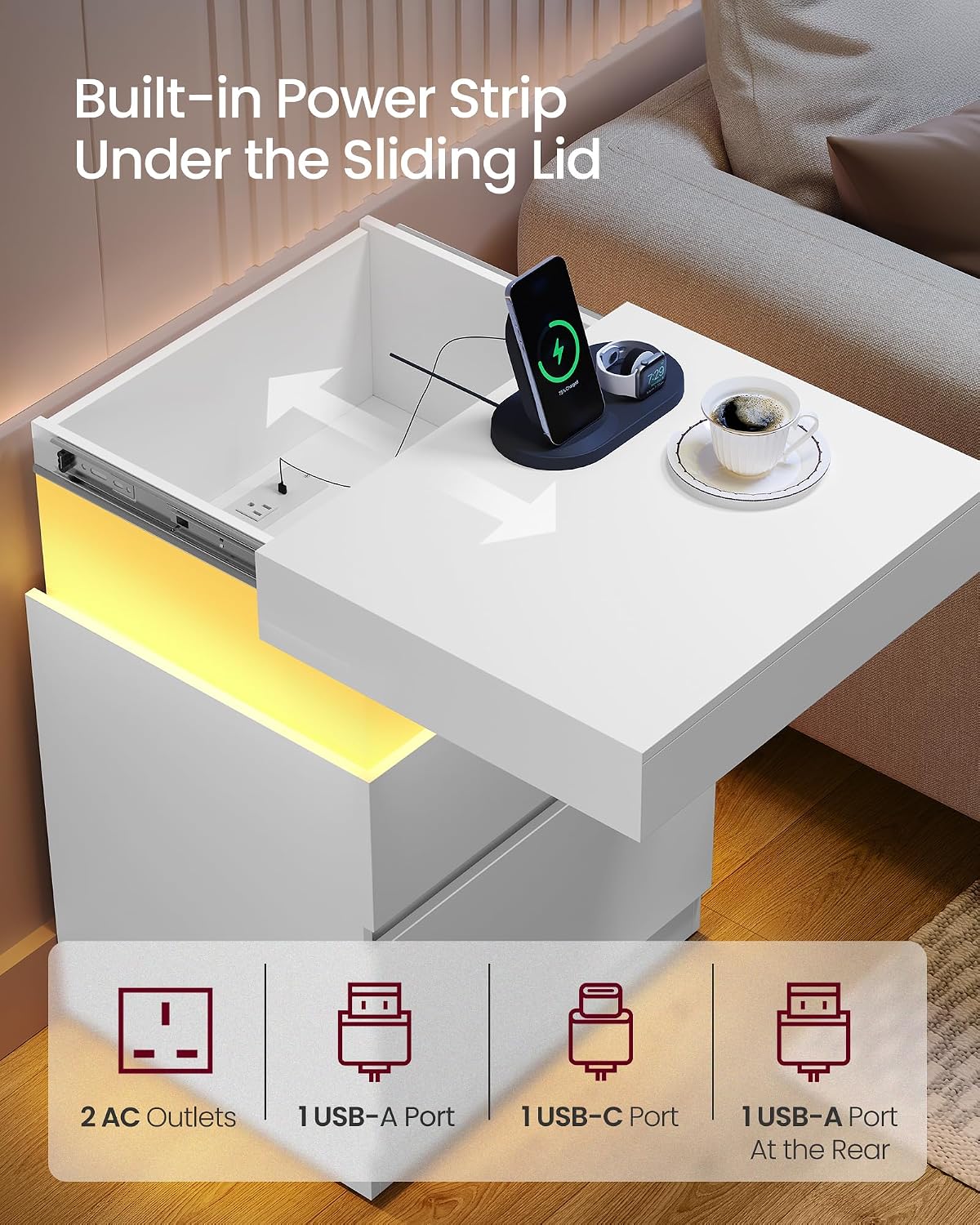 VASAGLE Kailyn Collection - Nightstands with Power Outlets, Sliding Lid, Modern Bedside Tables with LED Lights, End Tables, 2 Drawers, Set of 2, 15.7 x 18.9 x 26.8 Inches, Cloud White ULET650WB01S-2J