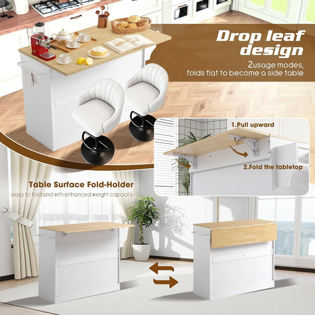48' Kitchen Island with Trash Can Storage & Drop Leaf, Rolling Kitchen Island Table Cart with Spice/Towel Rack, Portable Kitchen Cabinet Bar Carts on Wheels with Drawer for Dining Room (White)