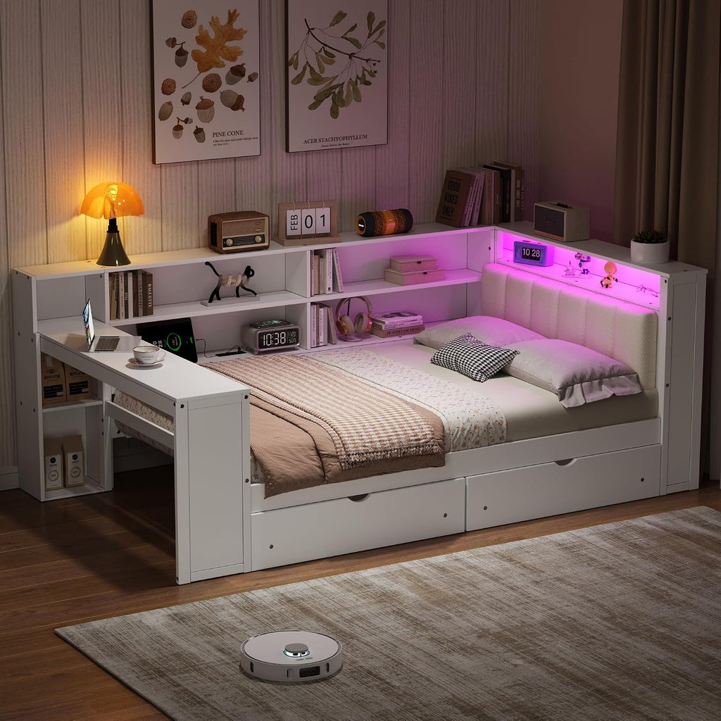 Bellemave Full Corner Bed with Storage Shelves and Desk, Upholstered Headboard Daybed with Bookcase and Drawers，Daybed with Storage, White+Beige Cushion