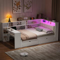 Bellemave Full Corner Bed with Storage Shelves and Desk, Upholstered Headboard Daybed with Bookcase and Drawers，Daybed with Storage, White+Beige Cushion