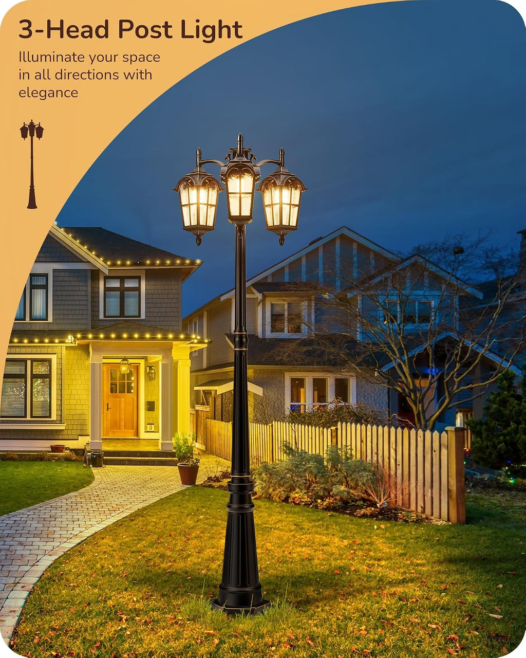 EDISHINE Outdoor Lamp Post Light 3-Head, Thickened Aluminum Dusk to Dawn Street Light Post with Water Ripple Glass, Retro Roman Pole Lighting Fixture for Backyard Garden Patio Driveway