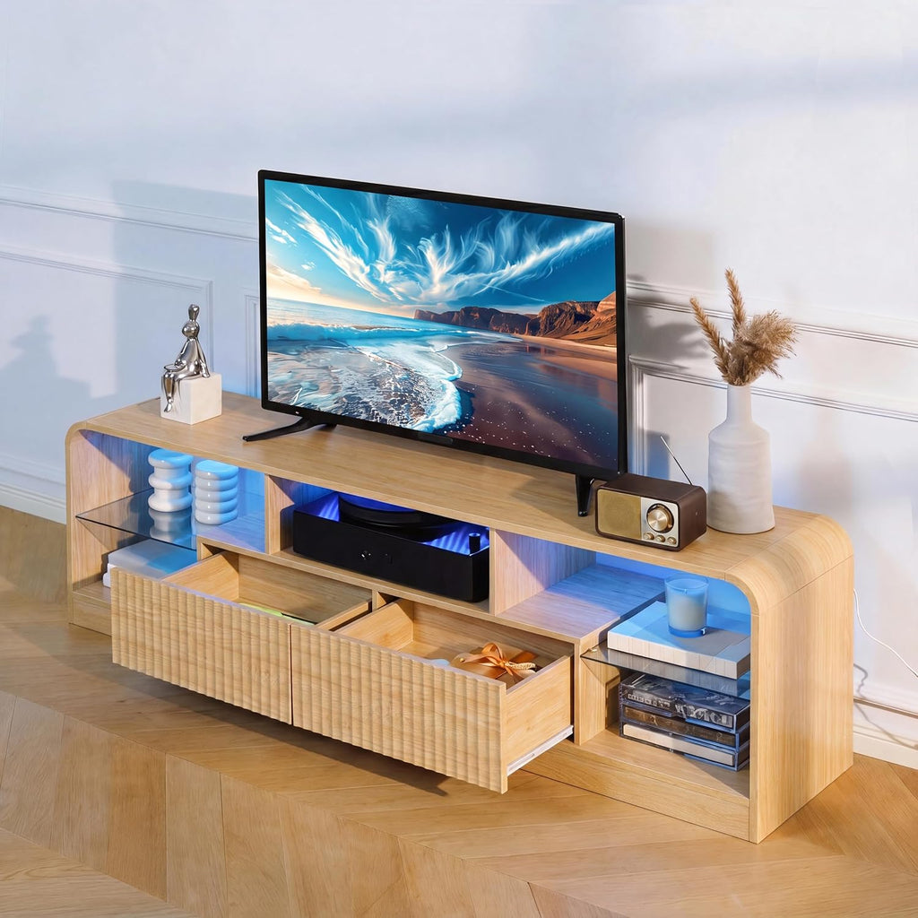 Mid Century Modern TV Stand for 55 60 65 70 75 Inch TVs, Fluted TV Stands for Living Room with LED Lights, 63'' Entertainment Center with 2 Large Drawers & Glass Shelves, Oak
