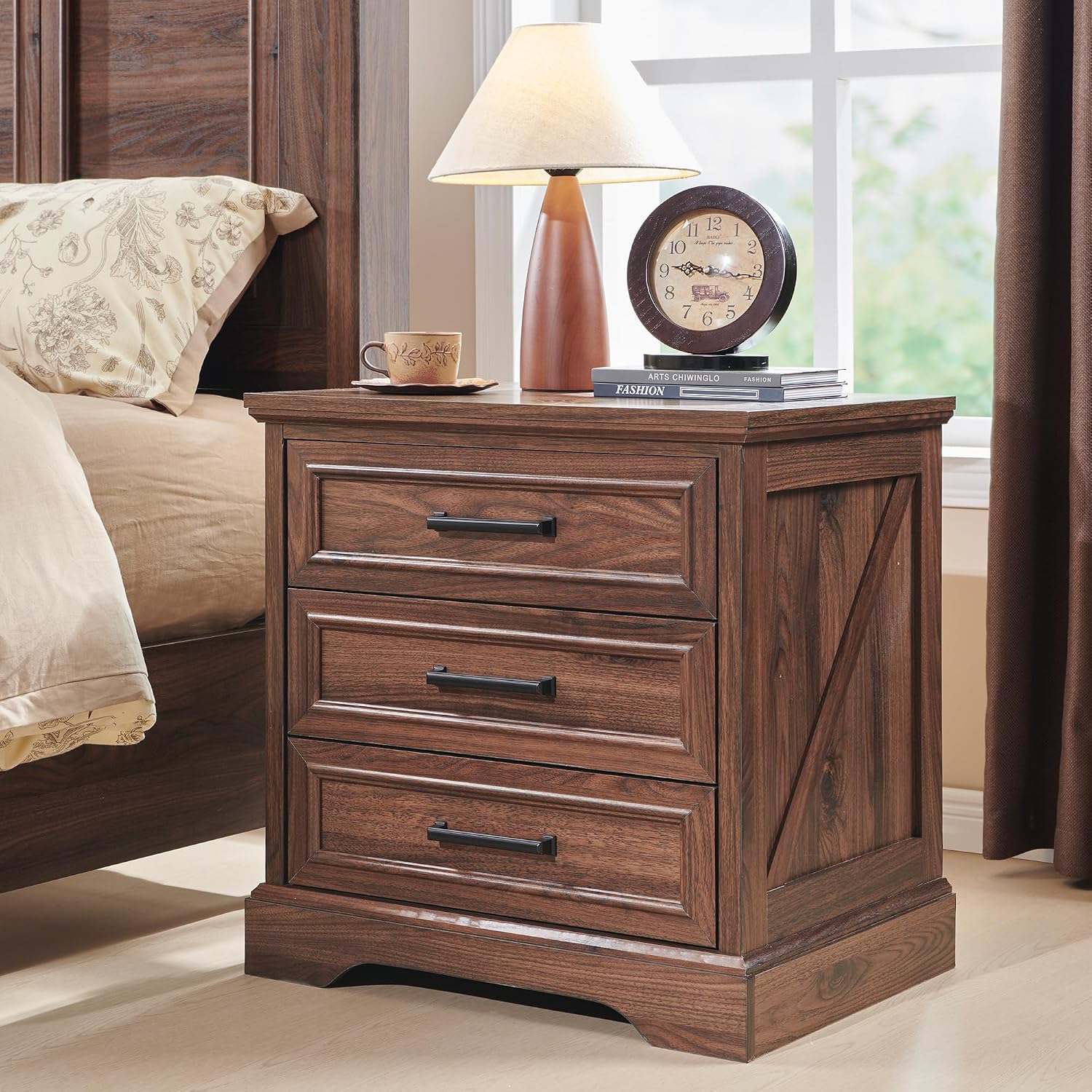 ACCOHOHO Farmhouse Nightstands Set of 2, 22 Inch Wide End Table with Charging Station & 3 Large Drawers, Rustic Wood Small Dresser Chest of Drawers for Bedroom, Living Room, Brown