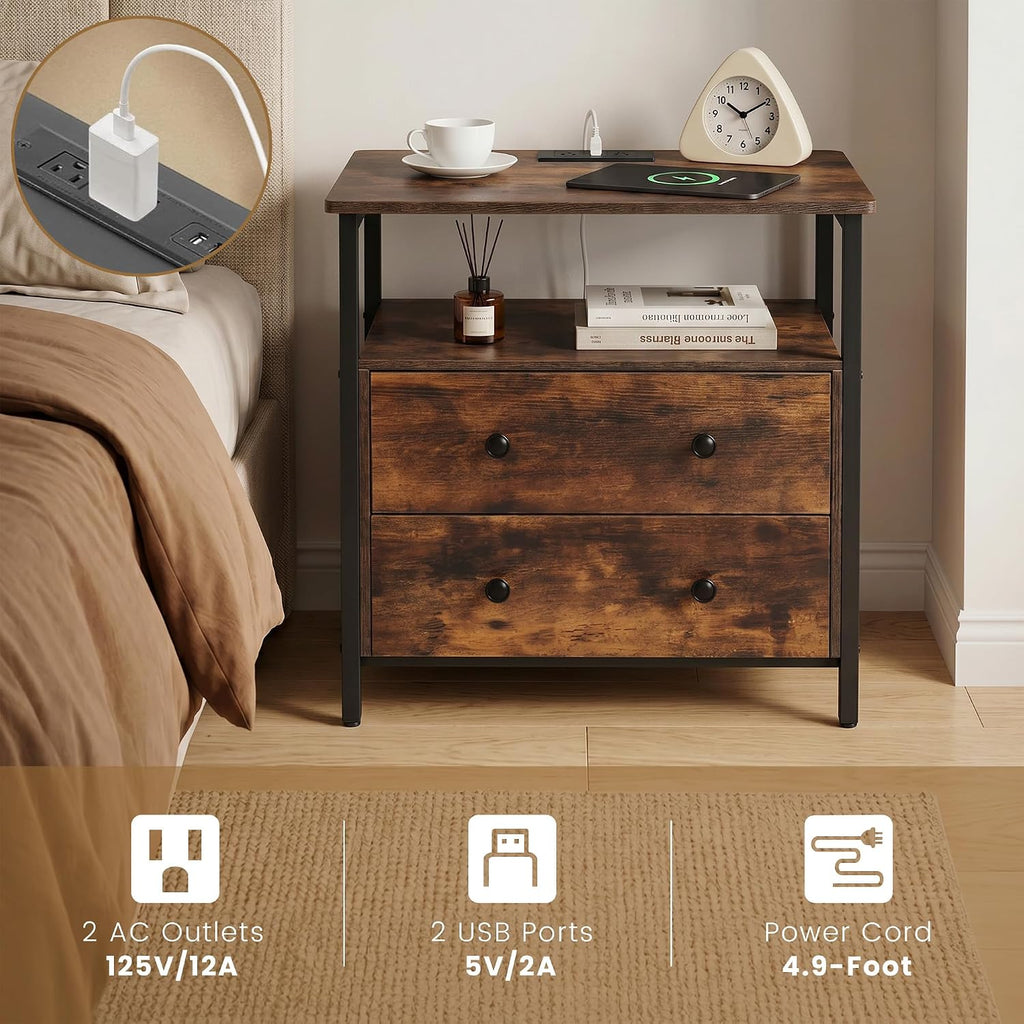 Edbuosy 27 inch Wide Night Stand Set 2 with Charging Station, Bedside Table with Open Shelf, 2 Drawers Small Wood Dresser, Modern Wood Nightstand for Bedroom/Living Room (Retro Brown)
