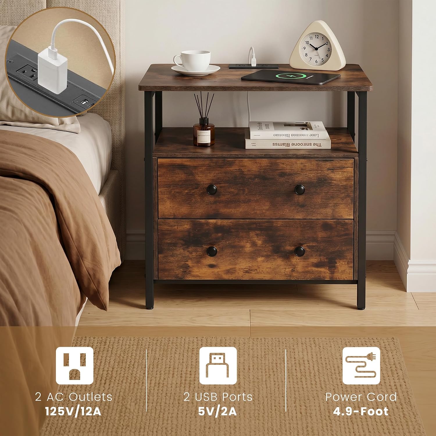 Edbuosy 27 inch Wide Night Stand Set 2 with Charging Station, Bedside Table with Open Shelf, 2 Drawers Small Wood Dresser, Modern Wood Nightstand for Bedroom/Living Room (Retro Brown)