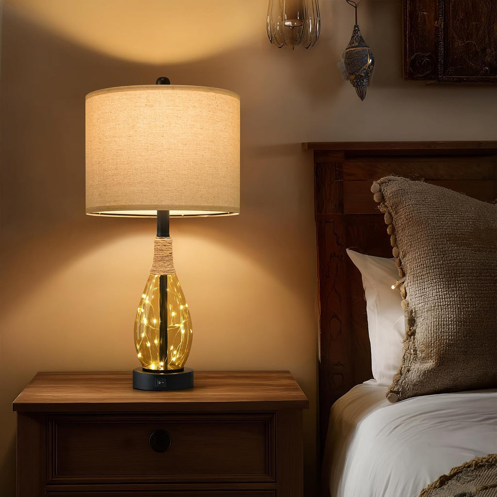 OYEARS 23' Table Lamps for Living Room Set of 2 Bedside Lamps for Night Stands Bedroom Lamps Farmhouse Rattan Boho Lamp Glass Nightlight End Table Lamp,Two Light Points