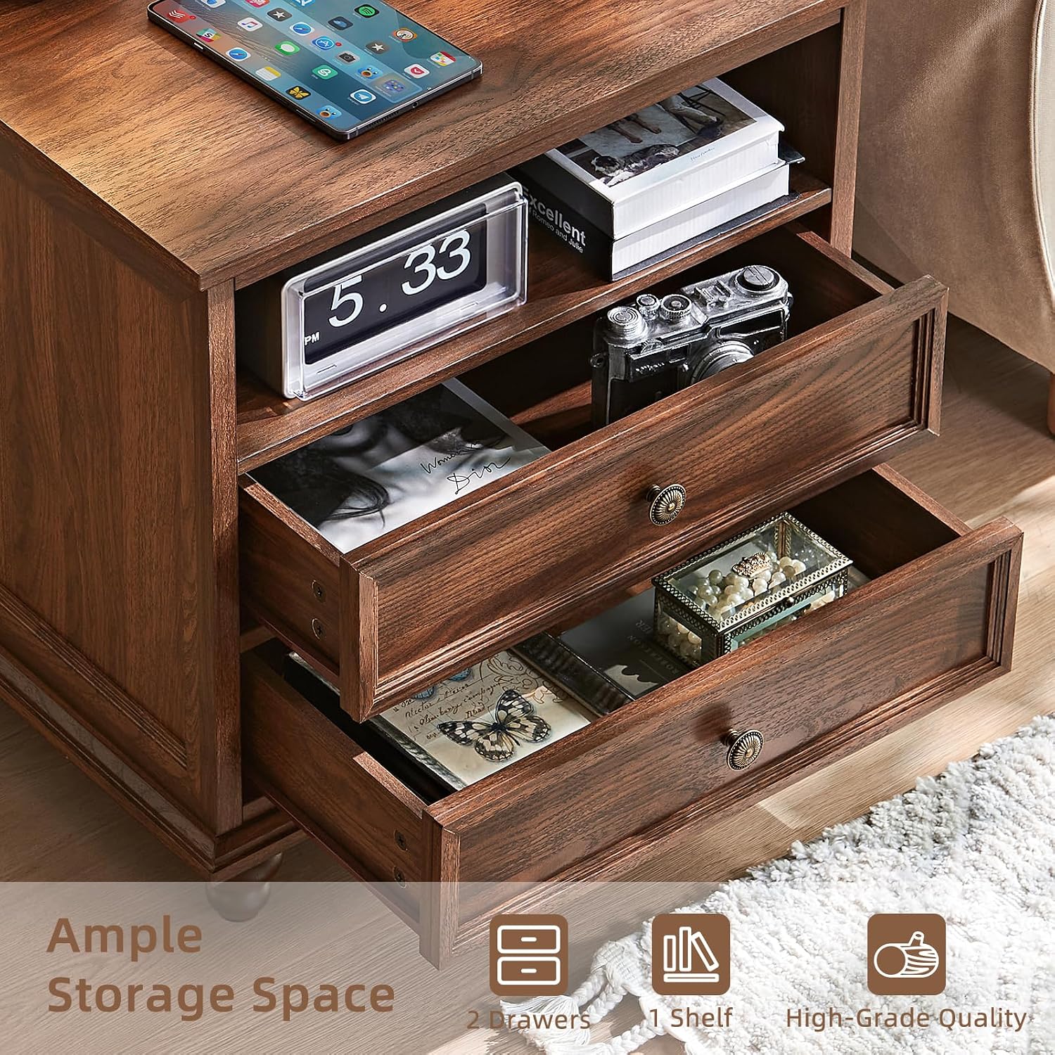 Joaxswe 24' Wide Farmhouse Nightstand Set of 2 with Charging Station,End Table with 2 Drawers,Brown Wood Dresser for Bedroom Cabinet, Bed Side Table Chest of Drawers, Night Stand for Living Room