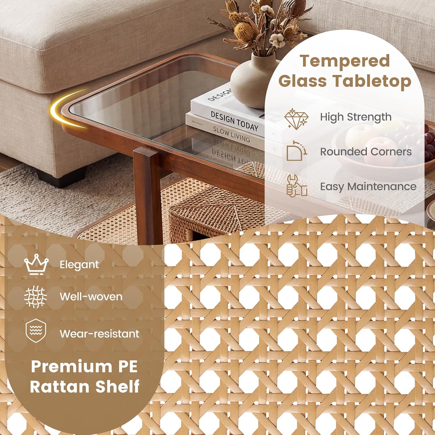 GOFLAME Rattan Coffee Table, 47.5' Solid Wood Center Table with Tempered Glass Top & Rattan Storage Shelf, Rectangular, Farmhouse, Boho, 2-Tier Mid Century Modern Tea Table for Living Room (Walnut)