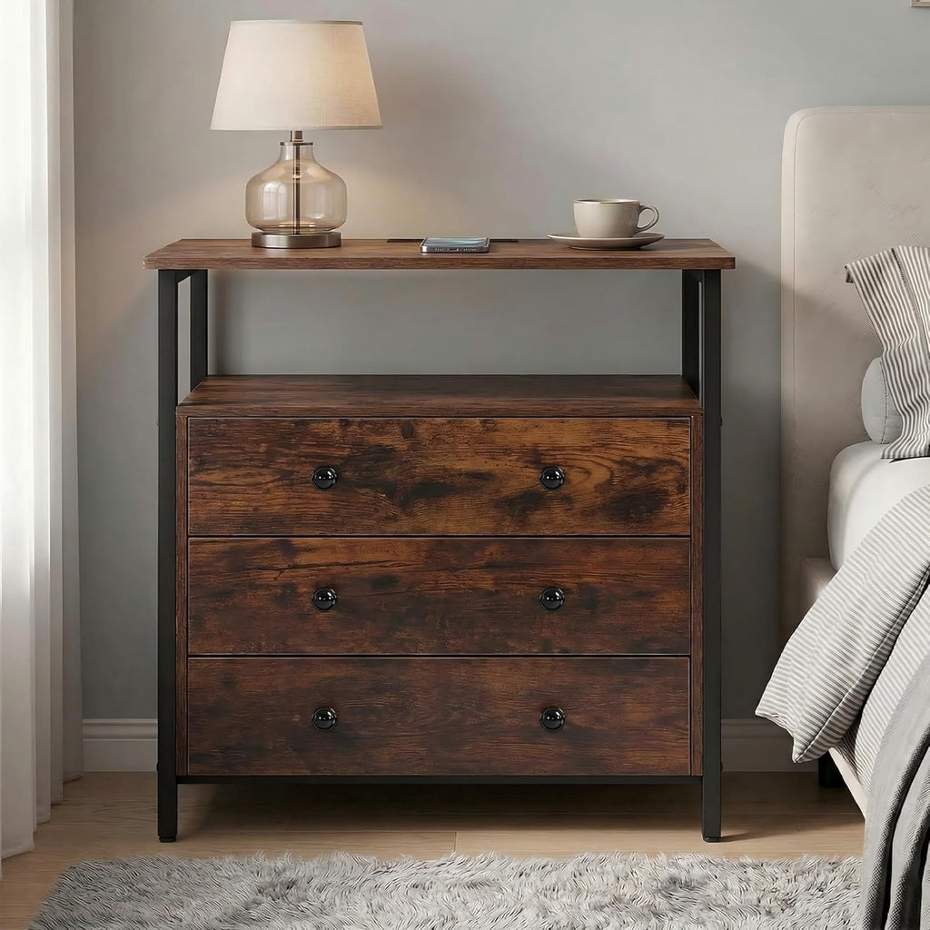 Edbuosy 3 Wooden Drawers Night Stand, 27 Inch Wide Nightstand with Charging Station and Adjustable Drawers, Small Dresser for Closet, Bedside Table for Living Room/Bedroom/Office, Retro Brown.