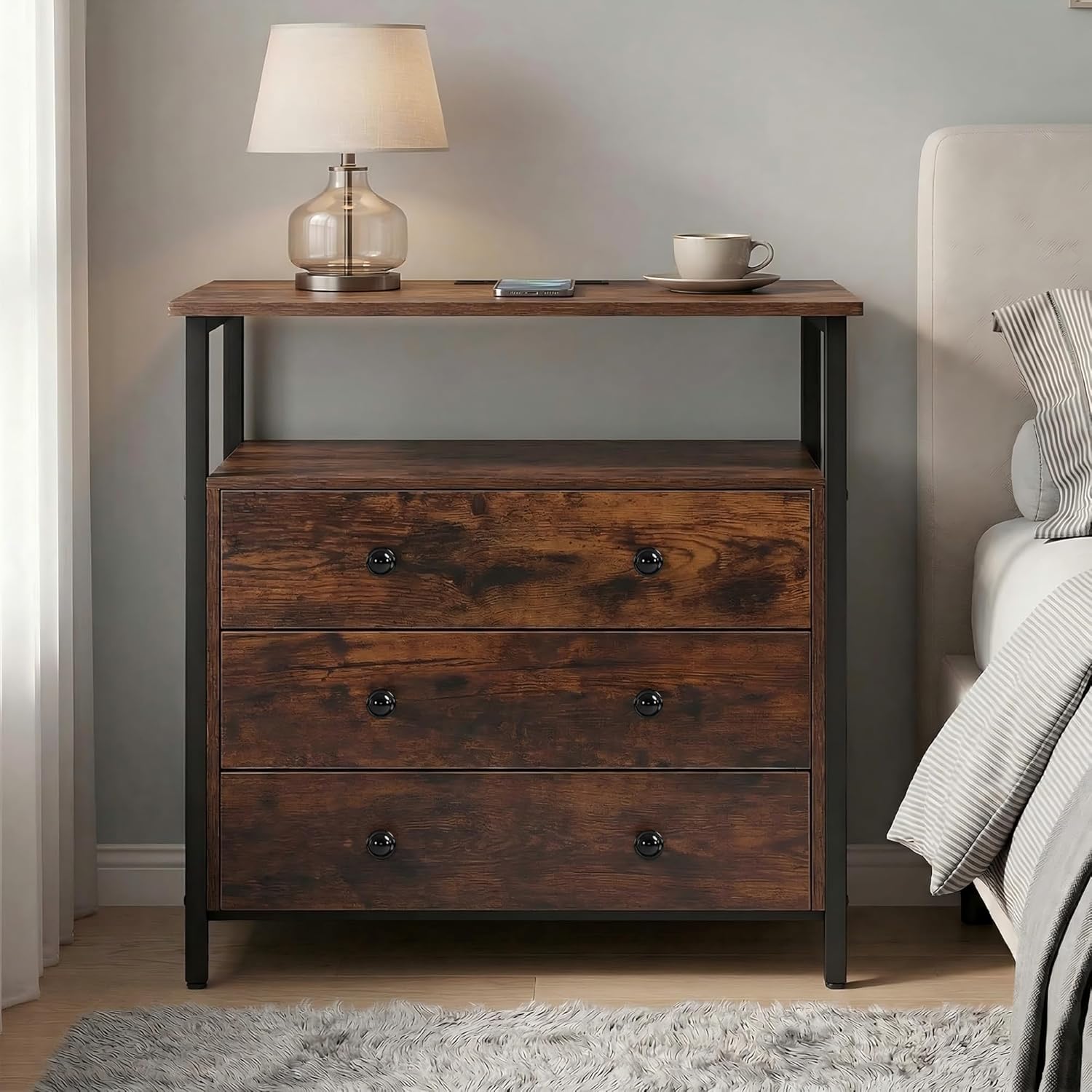 Edbuosy 3 Wooden Drawers Night Stand, 27 Inch Wide Nightstand with Charging Station and Adjustable Drawers, Small Dresser for Closet, Bedside Table for Living Room/Bedroom/Office, Retro Brown.