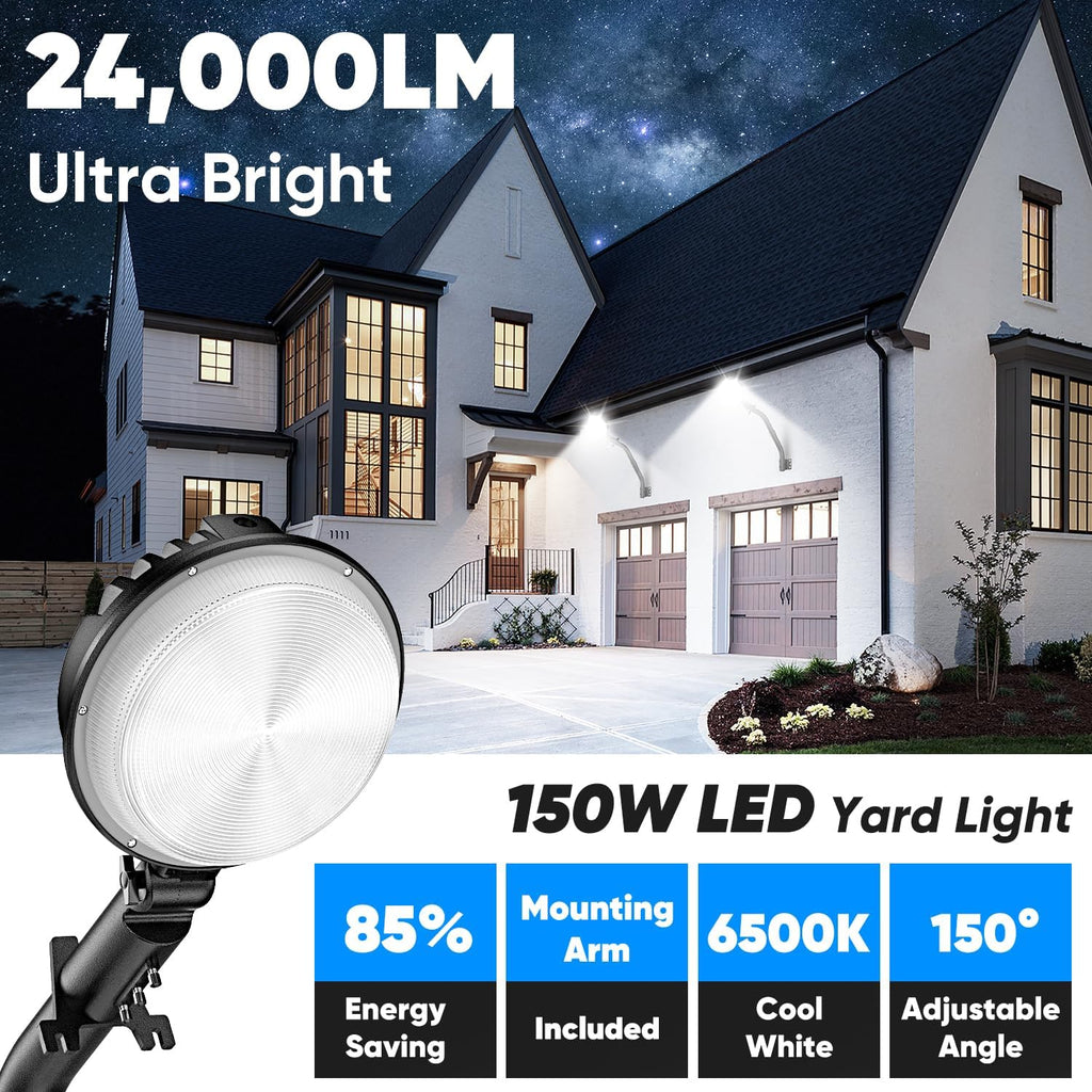 2-Pack 24000LM LED Barn Lights Dusk to Dawn, 150W Outdoor Lighting IP66 Waterproof, 6500K Bright Yard Light with Photocell, 150°Head Adjustable Outside Security Light for Area Street Garage