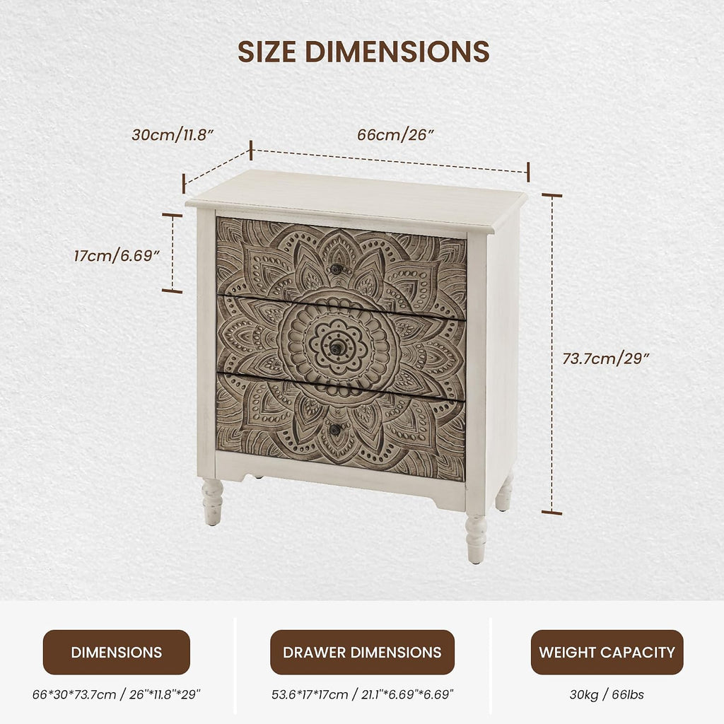 COSIEST 3 Drawers Nightstand Set of 2, Accent Dresser, 29'' Tall Wood Vintage Small Accent Chest, Bedside Table,Bedroom Furniture for Home, Entryway (Lotus Pattern)