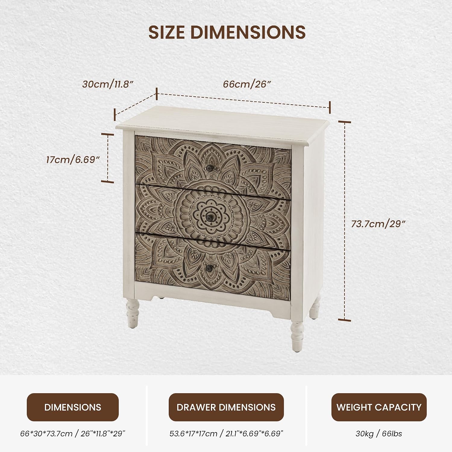 COSIEST 3 Drawers Nightstand Set of 2, Accent Dresser, 29'' Tall Wood Vintage Small Accent Chest, Bedside Table,Bedroom Furniture for Home, Entryway (Lotus Pattern)