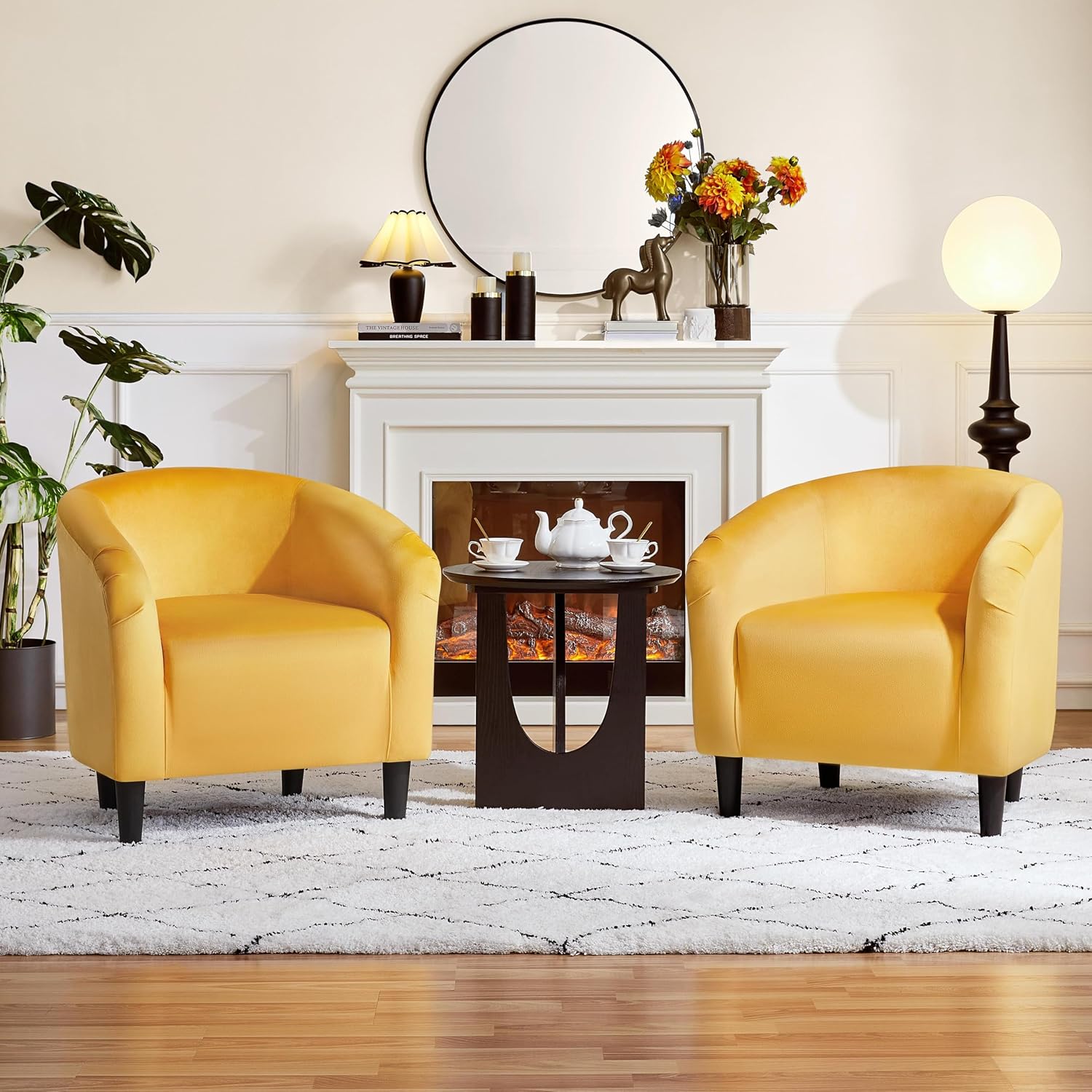 Yaheetech Barrel Chairs, Velvet Accent Chairs with Soft Padded Armrest for Living Room Bedroom Waiting Room Office, Set of 2, Yellow
