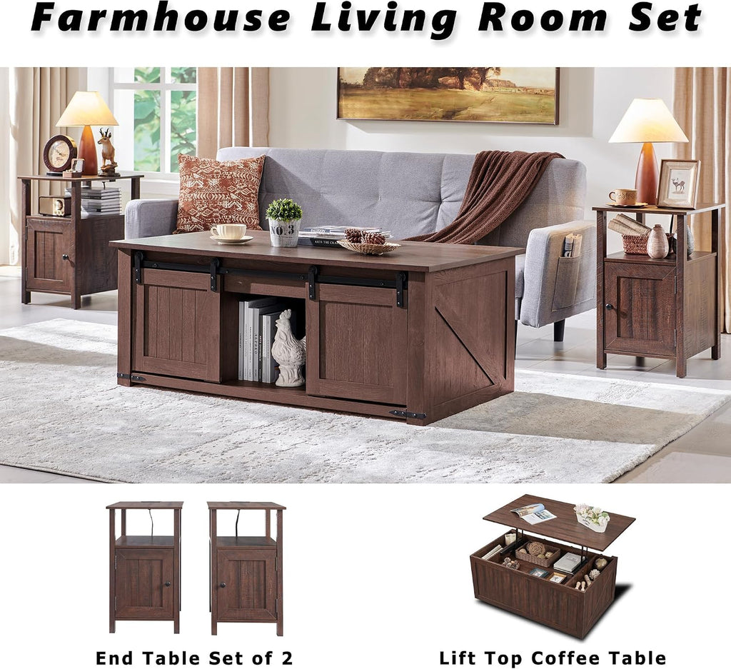 IFGET Farmhouse Nightstand Set of 2, End Table with Charging Station, Rustic Side Table w/Barn Door & Open Shelves, Bedside Table w/Storage Space and Storage Cabinet for Bedroom, Living Room (Brown)