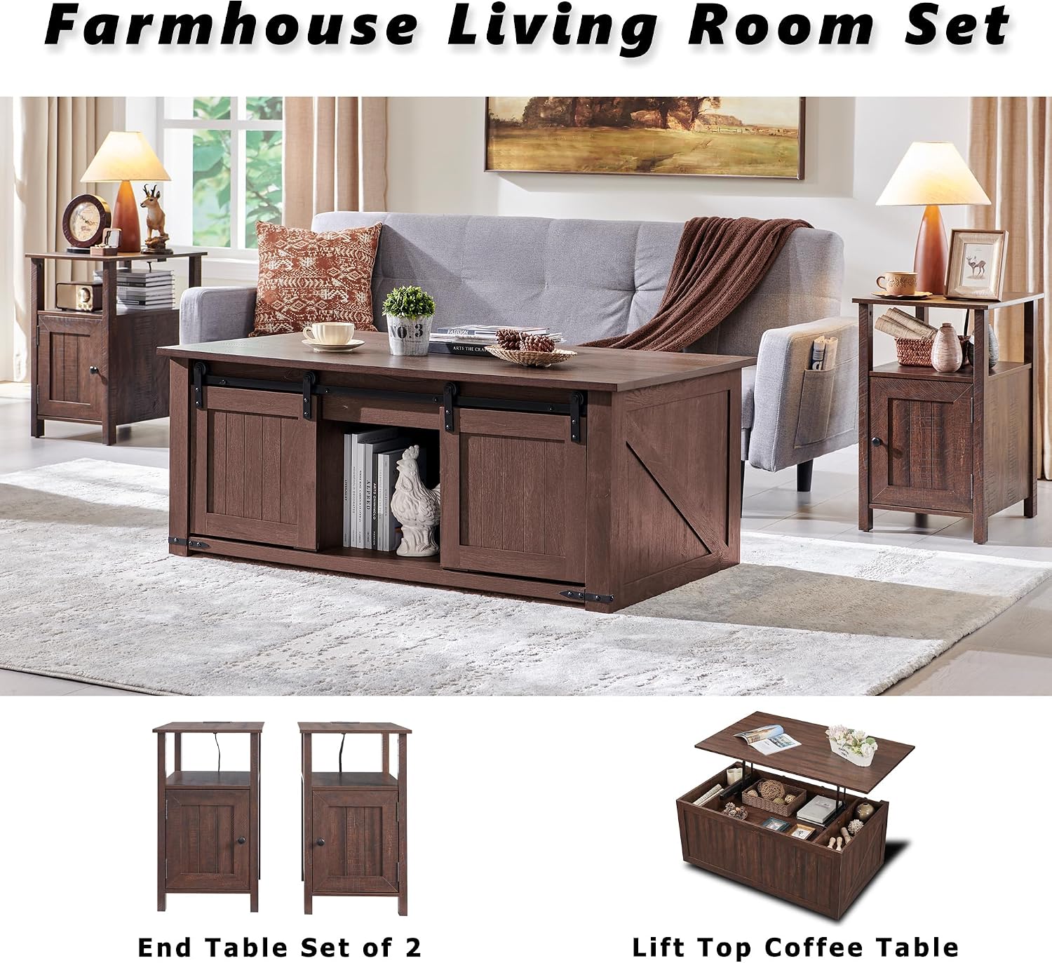 IFGET Farmhouse Nightstand Set of 2, End Table with Charging Station, Rustic Side Table w/Barn Door & Open Shelves, Bedside Table w/Storage Space and Storage Cabinet for Bedroom, Living Room (Brown)