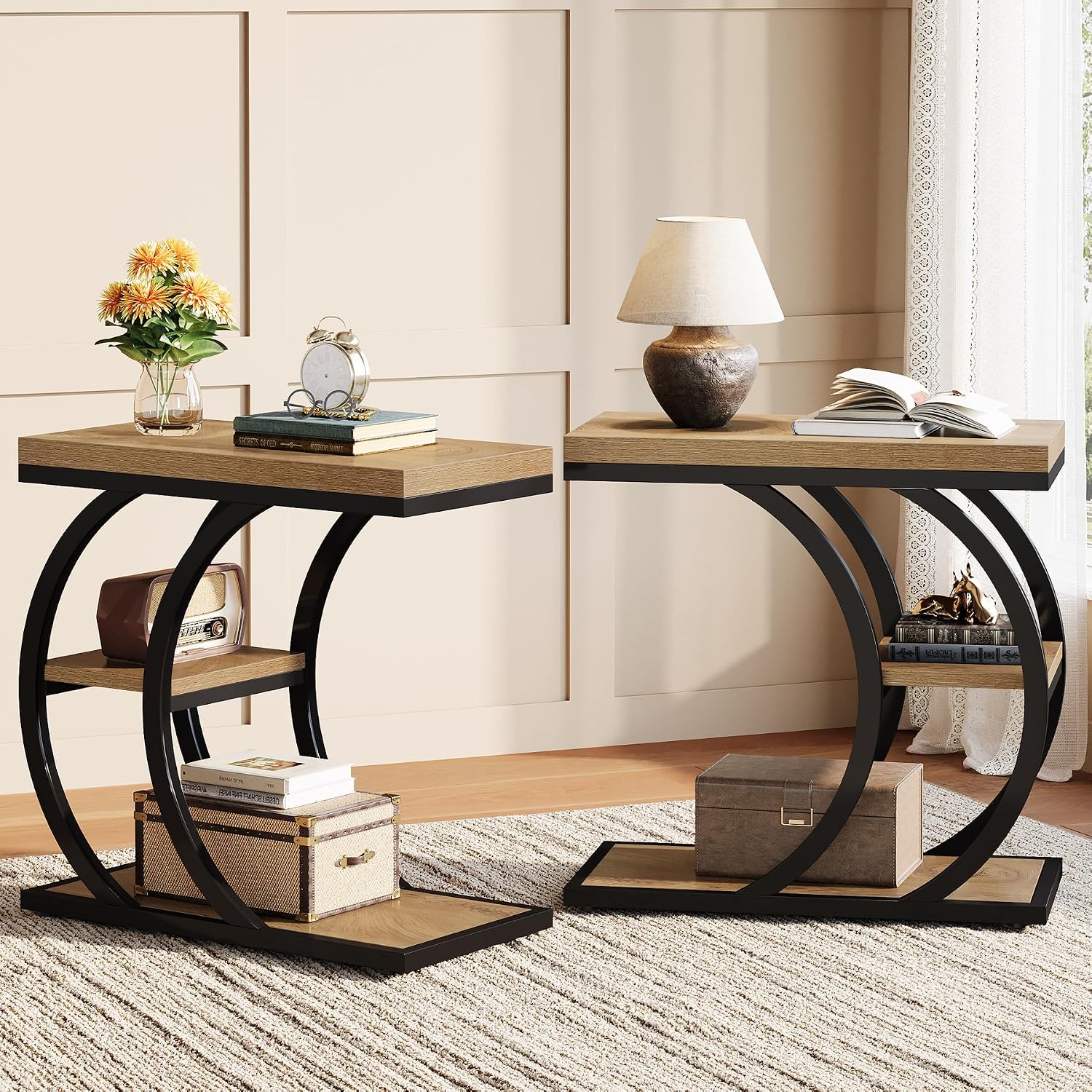 Tribesigns End Table Set of 2, 3-Tier Narrow Wood Couch C-Shaped Side Table with Storage, Industrial Nightstand for Bedroom, Small Spaces, Natural