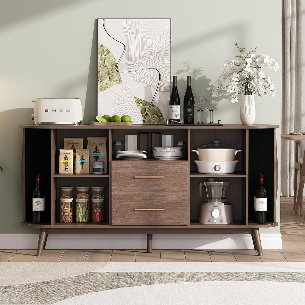 JOINICE 63' Fluted Storage Cabinet for Living Room,Mid-Century Modern Sideboard with Sliding Doors, Walnut Buffet Cabinet with Drawers & Solid Wood Legs, Large Accent Credenza for Home, Dining Room
