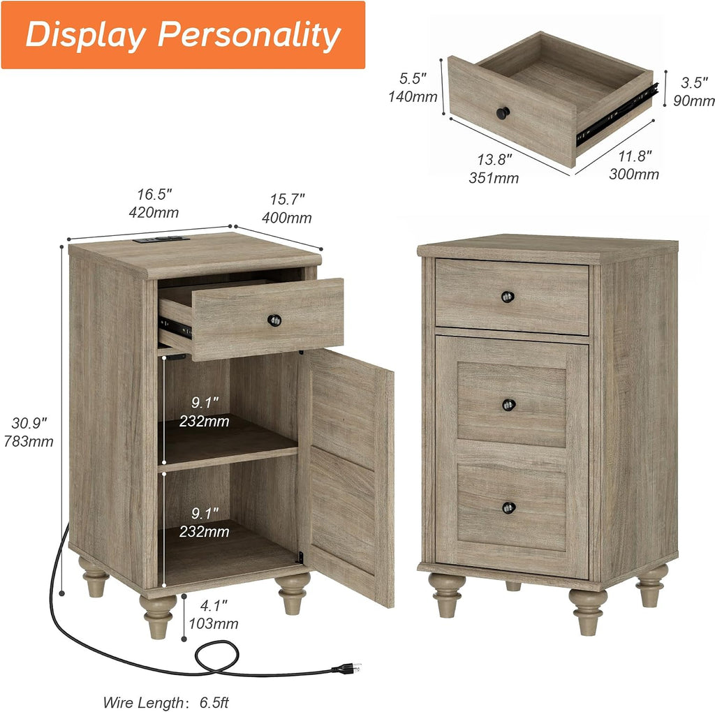 WAMPAT Set of 2 End Table with Charging Station, Wood Nightstands with Drawer and Storage Cabinet, Modern Side Tables Living Room Set of 2, Farmhouse Night Stands Bedside Table for Bedroom, Wash Grey