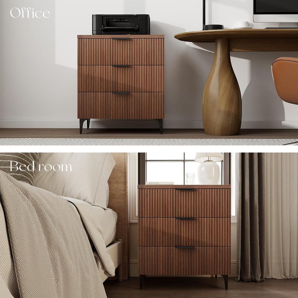 25.6'W Fluted Nightstand with 3 Drawer, Mid-century Modern Wood Night Stands Bedside Table for Bedroom King/Queen Bed, End Table with Robot-friendly Legs for Living Room,Entry (3 Drawers-1pcs-Walnut)