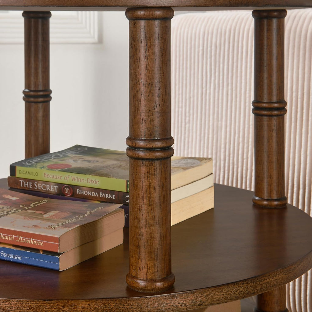 3-Tier Solid Wood Round End Table, Sofa Side Table with Open Storage Shelf Accent Corner Table with Wood Finish, Nightstand with Bamboo-Inspired Legs for Narrow Spaces, Dark Brown, 19.7'D x 23.6'H