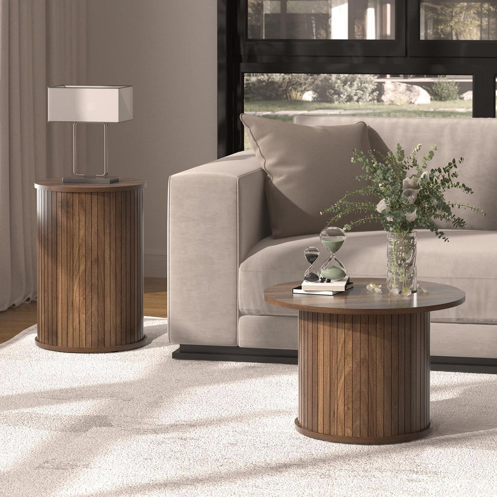 Set of 2 Round Nesting Coffee Tables for Living Room, Fluted Circle Walnut Wood Coffee and End Table Sets for Apartment, Small Spaces, Bedroom, Modern Style, Easy Assembly & Maintenance