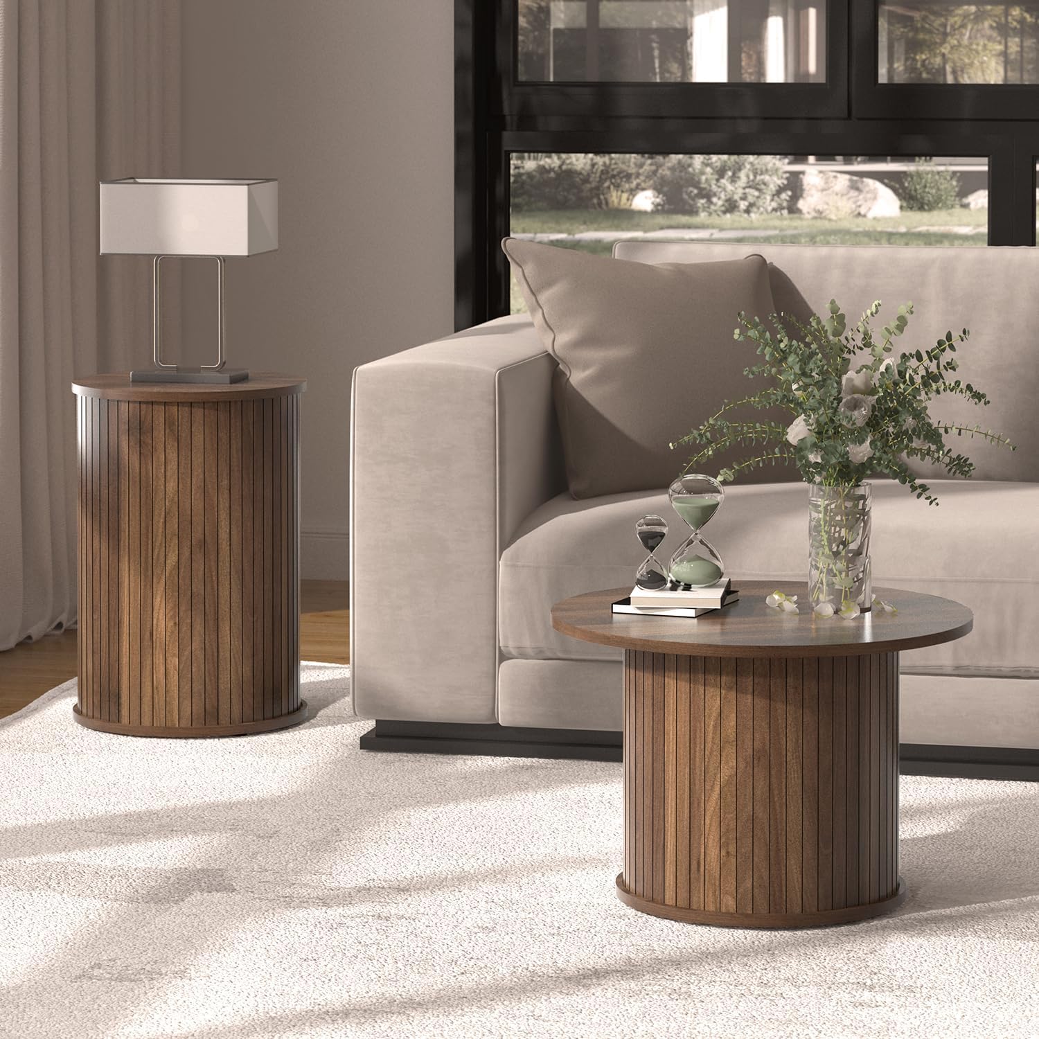 Set of 2 Round Nesting Coffee Tables for Living Room, Fluted Circle Walnut Wood Coffee and End Table Sets for Apartment, Small Spaces, Bedroom, Modern Style, Easy Assembly & Maintenance