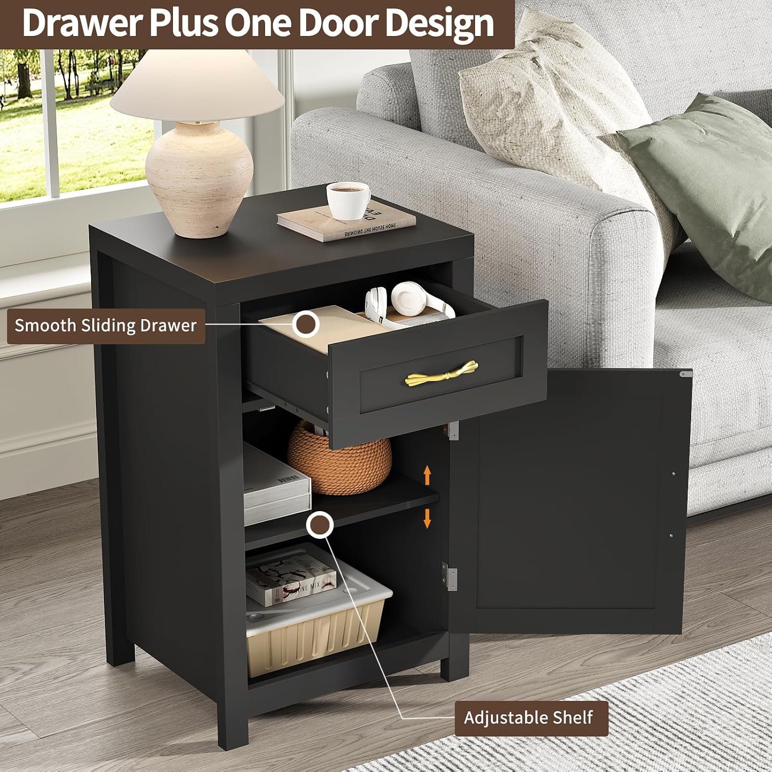Black Nightstand Set of 2 with Drawer, Farmhouse End Table with Storage Cabinet and Adjustable Shelf, 30' Tall Bedside Table Rustic Wood Sofa Side Table for Living Room, Bedroom