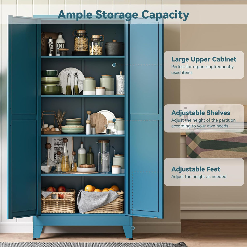 Baborokic 71H Tall Metal Storage Cabinet with 2 Doors and Adjustable Shelves,Kitchen Pantry Storage Cabinets,Tall Freestanding Cupboard for Bathroom,Office,Dining Room,Living Room Blue
