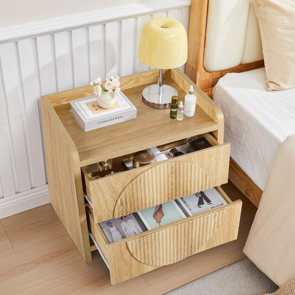 Turtle&Myrtle 24 Inch Wide Fluted Nightstands Set of 2, Large Night Stand with 2 Drawers, Mid Century Modern Bedside Table End Table with Storage for Bedroom (Natural)