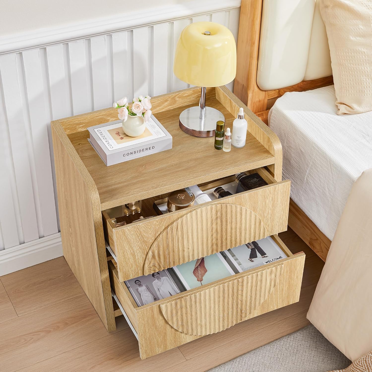 Turtle&Myrtle 24 Inch Wide Fluted Nightstands Set of 2, Large Night Stand with 2 Drawers, Mid Century Modern Bedside Table End Table with Storage for Bedroom (Natural)