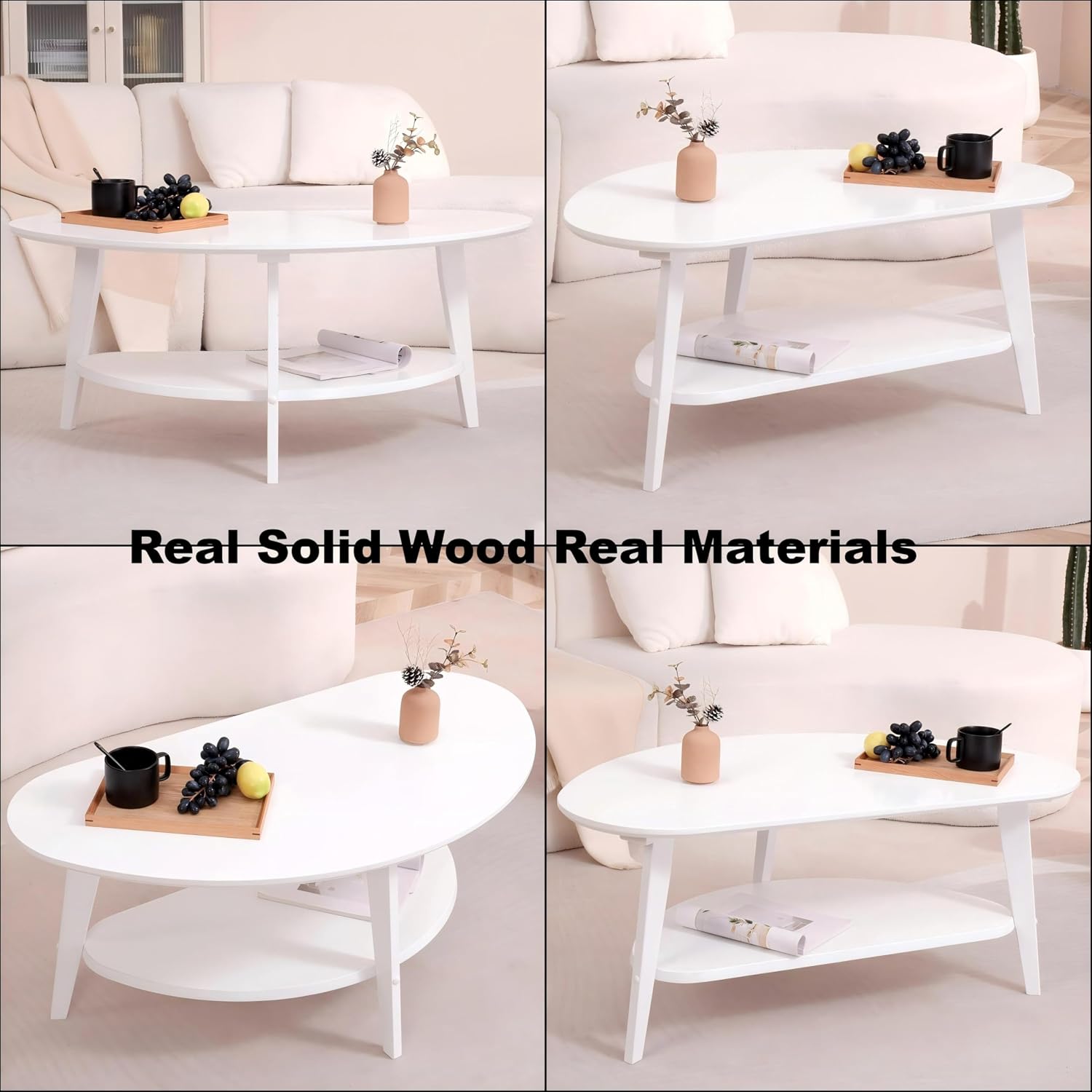 NAVREX Mid Century Modern Coffee Table, Oval Coffee Tables with Storage for Living Room, 2 Tier Solid Wood Center Table, White Coffe Tables, Easy Assembly, Value Lies in Material 40.2' D x 22' W