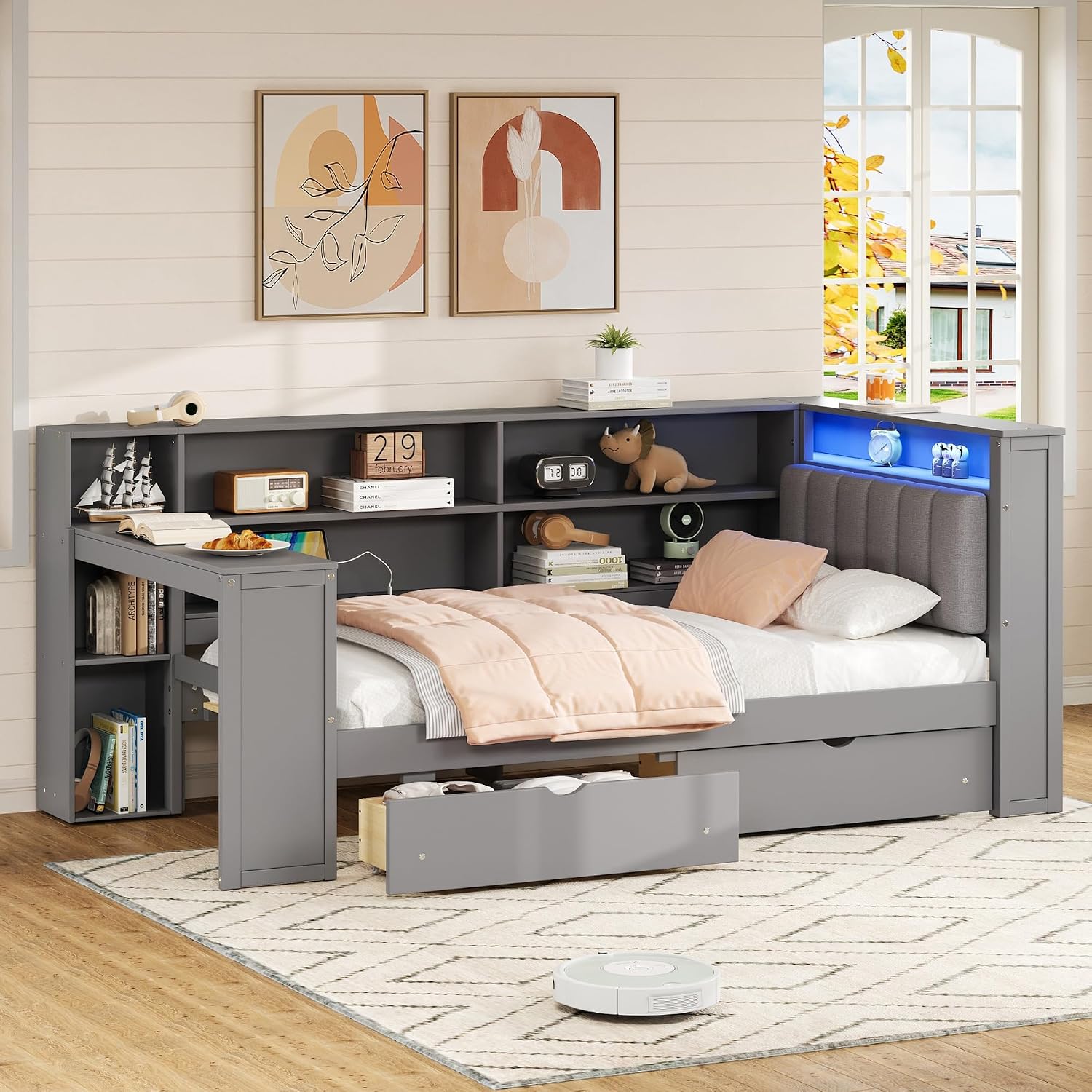 Bellemave Twin Corner Bed with Bookcase Storage and LED Lights, Twin Daybed with Upholstered Headboard and Charging Station, Wooden Platform Bed Frame with Desk and 2 Large Drawers, Grey