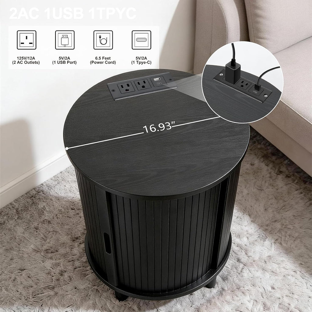 DHH End Table Set of 2 with Storage & Charging Station, Fluted Accent Side Table with Sliding Door & Adjustable Shelf, Mid-Century Nightstand for Small Spaces, Living Room, Bedroom(2, Black)