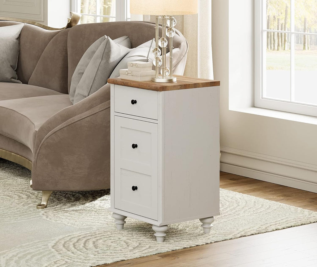 Nightstands with Charging Station, Set of 2 Wood End Table with Drawer and Storage Cabinet, Modern Side Tables Living Room Set of 2, Farmhouse Night Stands Bedside Table for Bedroom, White/Oak