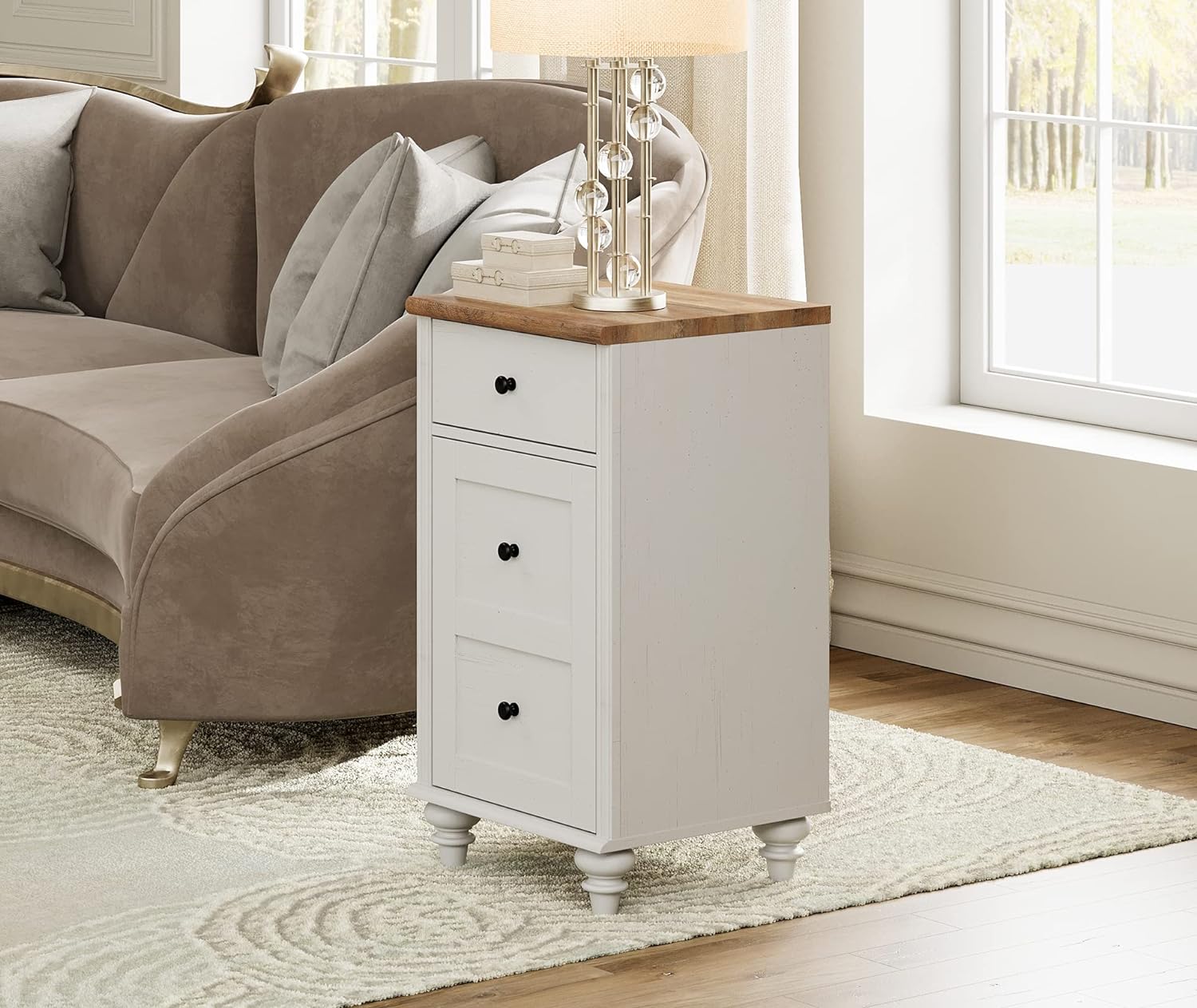Nightstands with Charging Station, Set of 2 Wood End Table with Drawer and Storage Cabinet, Modern Side Tables Living Room Set of 2, Farmhouse Night Stands Bedside Table for Bedroom, White/Oak