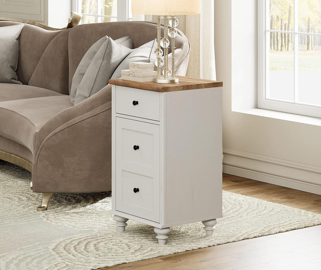 WAMPAT Nightstands with Charging Station, Set of 2 End Table with Power Outlets & USB Ports for Living Room, Modern Side Table with Wooden Drawer and Storage Cabinet for Bedroom, Off White