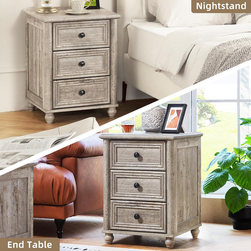 RWYHG 18' Farmhouse Night Stand Set of 2, Gray Wood Nightstand with 3 Drawers, Bedside End Table with Storage and Roman Column, Bed Side Tables Cabinet for Bedroom, Living Room, and Closet