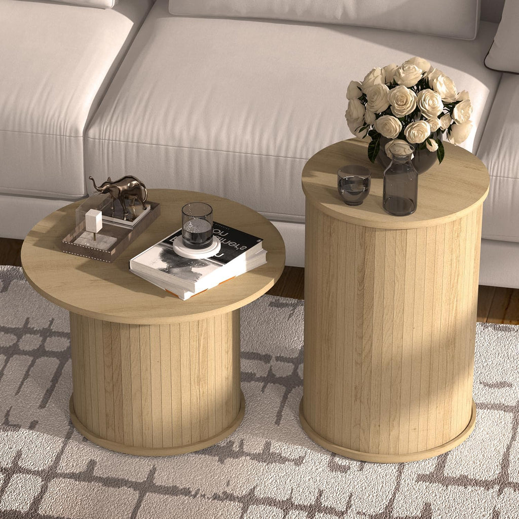 Set of 2 Round Wood Coffee Table Set for Living Room, Fluted Circle Nesting Coffee Tables for Apartment, Small Spaces, Bedroom, Modern Style, Easy Assembly & Maintenance, Oslo Oak