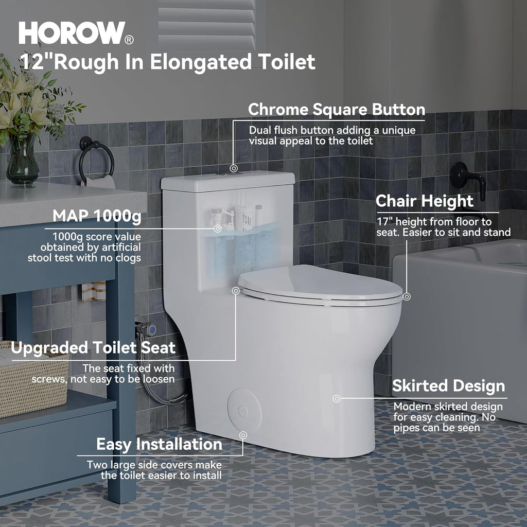 HOROW T0350W One-Piece Elongated Toilet, 17' ADA Chair Height, Dual Flush 0.8/1.28 GPF, MaP 1000g Powerful Flush, Soft-Close Seat, Skirted Design, Square Flush Button, 12' Rough-In, White