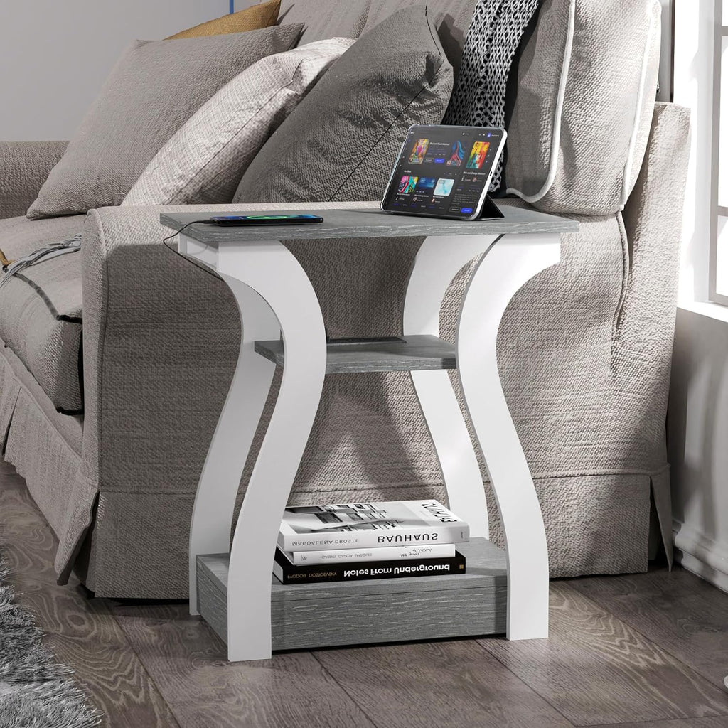 FROMJBEST End Tables Living Room Set of 2,Grey End Table with Charging Station,Grey Side Table, Nightstand for Bedroom, 3 Tier End Table with Storage Shelf for Living Room