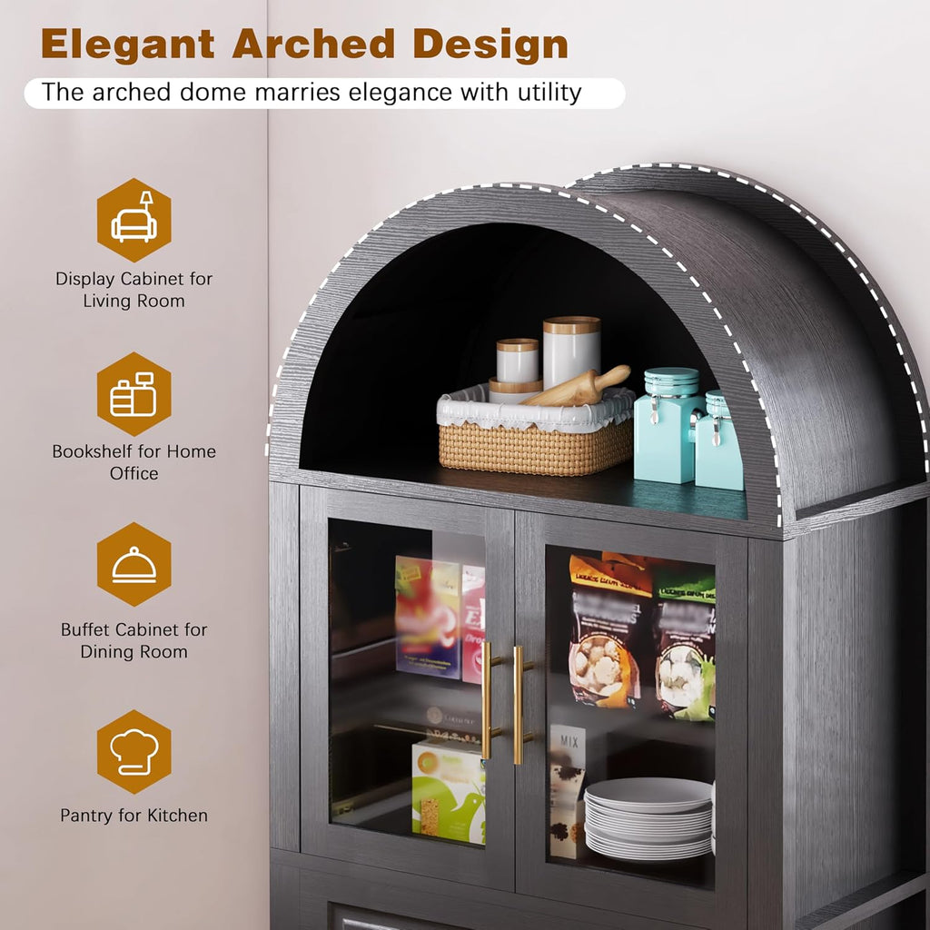 71' Farmhouse Arched Kitchen Pantry Cabinet with Glass Doors & Large Drawer, Wood Versatile Cupboard with Adjustable Shelves for Kitchen Dining Room Living Room Coffee Bar(Black)