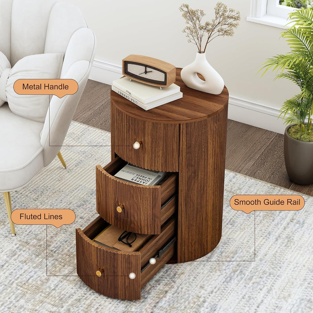 FurSch Fully Assembled Round End Table, Fluted Mid Century Side Table with 3 Storage Drawers for Living Room, Bedroom, Couch (Walnut-1 pc)