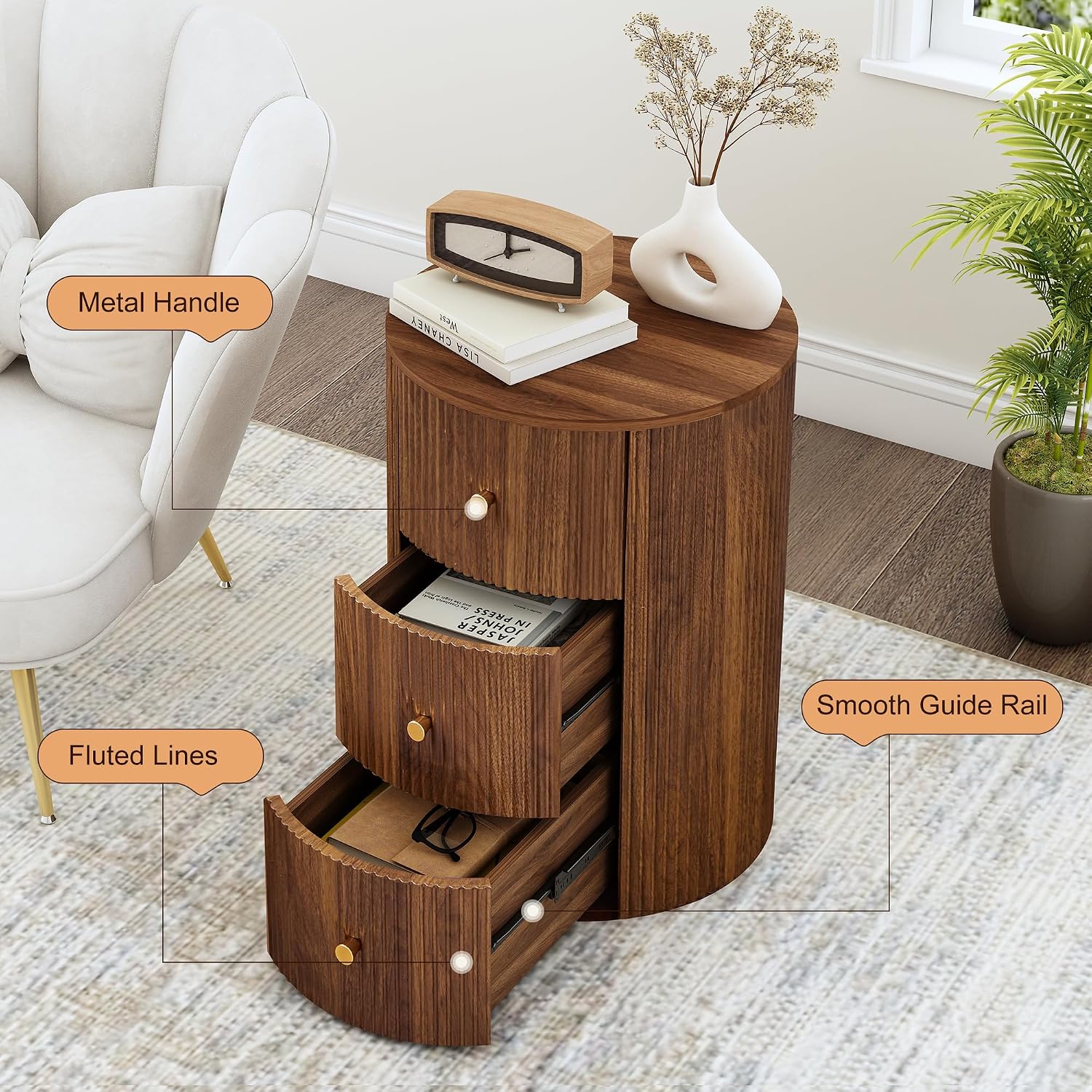 FurSch Fully Assembled Round End Table with 3 Storage Drawers Set of 2, Mid Century Fluted Side Table for Living Room Bedroom Sofa (Walnut-2 pcs)